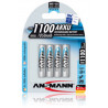 Blister pack of 4 Ansmann AAA, HR03, Ni-MH 1100 mAh 1.2V rechargeable batteries