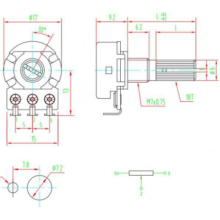 Axial single turn potentiometer 10kΩ 63mW ± 20% 6mm logarithmic metal