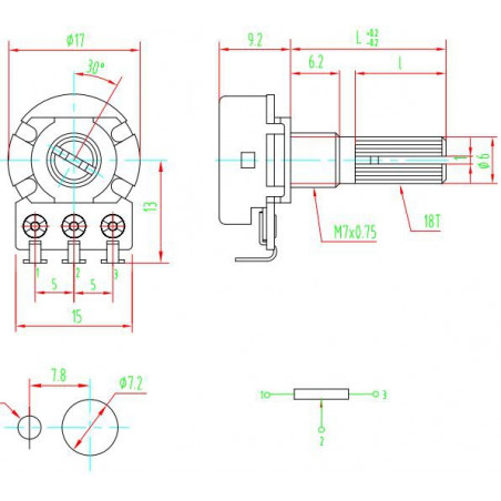 Potentiomètre axial monotour 10kΩ 63mW ± 20% 6mm métal logarithmique