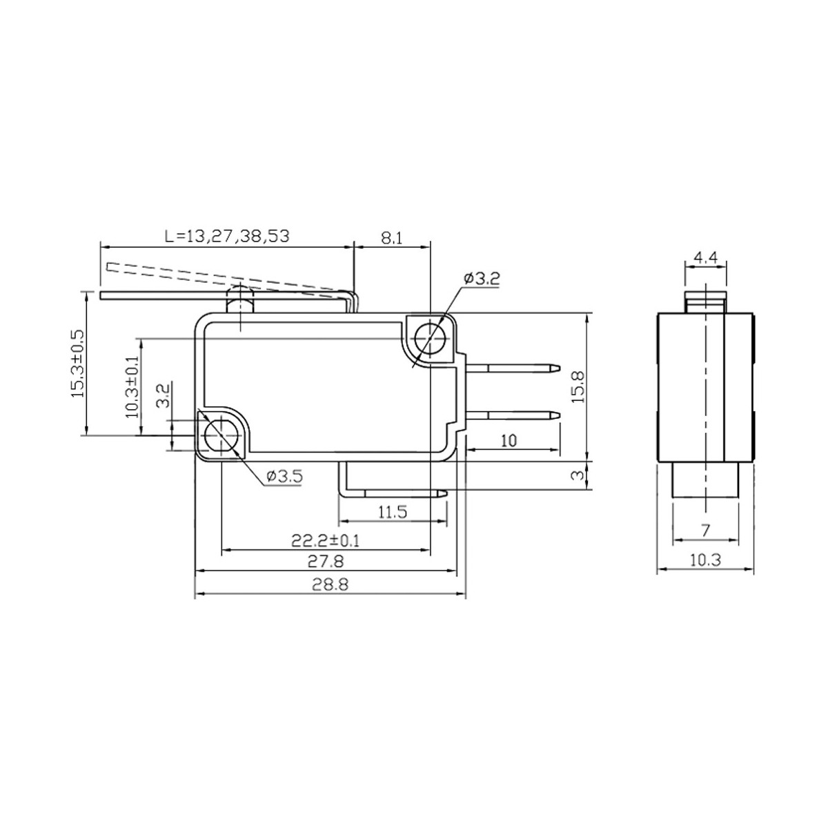 MK V11D12 Mikroschalter - Snap Action SPDT 6A/250V | Mit Stiften, IP40 | Industrieschalter