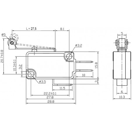 Microinterruptor SNAP ACTION con palanca (con rodillo) SPDT IP40 FASTON