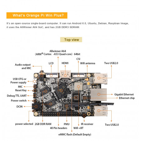 Orange PI Win Plus Set + Alimentation + Boîtier 2 Go de RAM A64 Quad-core Embedded PC