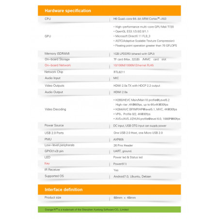 Orange Pi One Plus H6 A53 Quad-core 1GB RAM Gigabit Linux Android Embedded PC