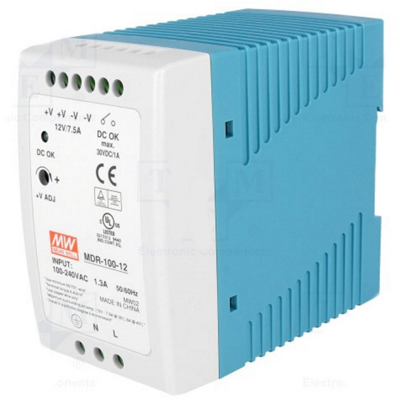 Stabilized DIN switching power supply 90W 12V DC 7,5A 85 ÷ 264VAC cont. DC OK