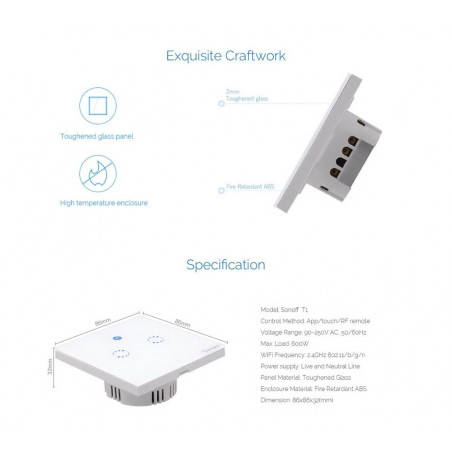 Interruptor táctil 2 WiFi + CH Autoaprendizaje Sonoff T1 pared Sonoff