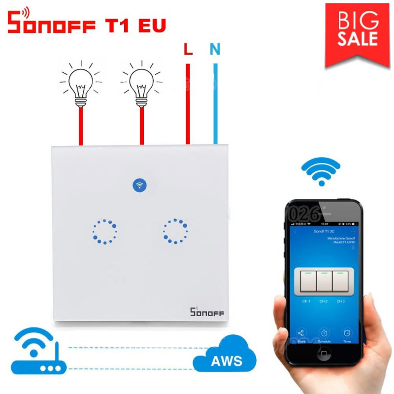 Interruptor táctil 2 WiFi + CH Autoaprendizaje Sonoff T1 pared Sonoff