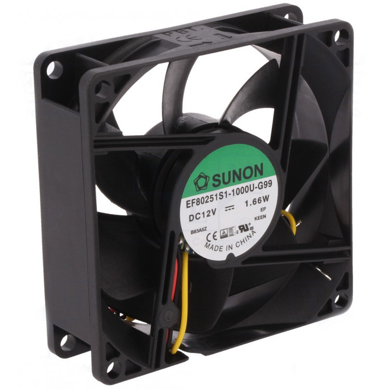 12V DC brushless cooling fan 80x80x25mm 69,29m3h 33dBA 3 wires