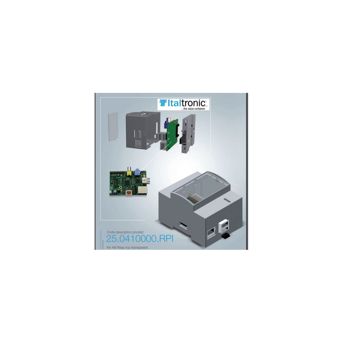 Square module container for Raspberry PI A and B with mounting on DIN bar
