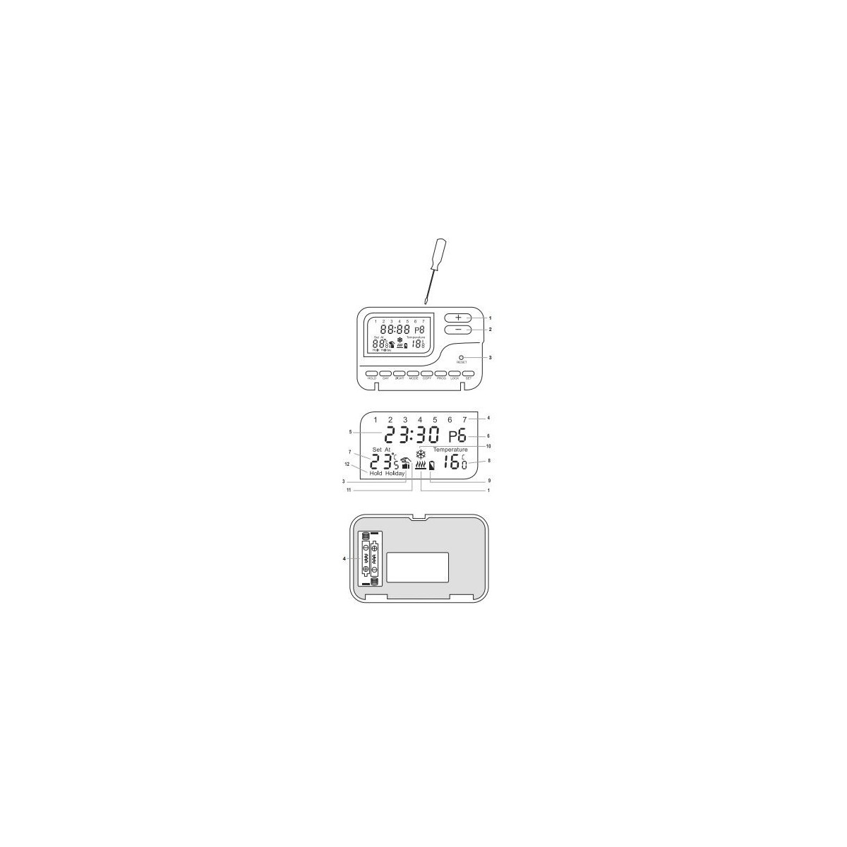 Thermostat numérique chauffage connexion 2 fils avec programmation 6 jours  ouvrables et 2 périodes week-ends