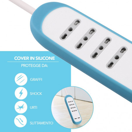 Steckdosenleiste 4 Plätze 10 / 16A 2 USB 2.1A Schutzhülle Anti-Rutsch-Silikongrau