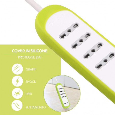 Multipresa 4 Posti 10/16A 2 USB 2.1A Copertura Prot. Antiscivolo Silicone Grigio