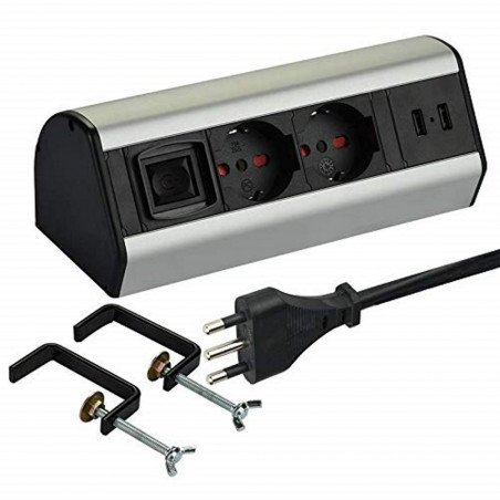 Schreibtisch PDU 2 Schuko + 10 / 16A, 2 USB 2.4A, Befestigungsstützen