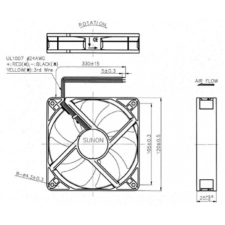 Bürstenloser 12-V-DC-Lüfter 120x120x25mm 127,5m3h 34dBA 3 Drähte