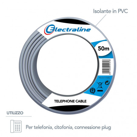 Cable de teléfono / intercomunicador, 1 par y tierra, 50 m de longitud, gris
