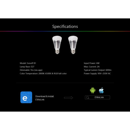 Sonoff B1 Lampadina WiFi RGBW LED 6W dimmer controllo APP eWelink Android iOS