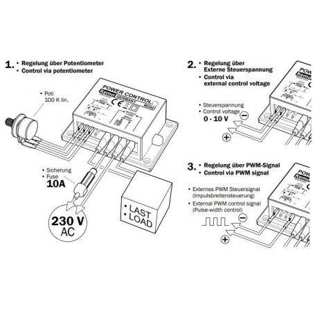 Power control 230V AC 10A manual inductive ohmic loads, PWM, 0-10V input