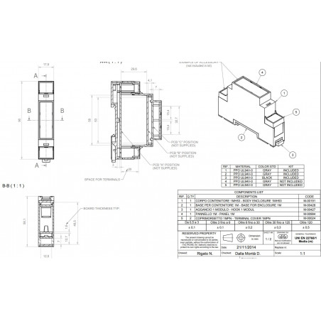 Carcasa carcasa 1 módulo carril DIN plástico PPO dimensiones 90 x 17,5 x 53 mm gris