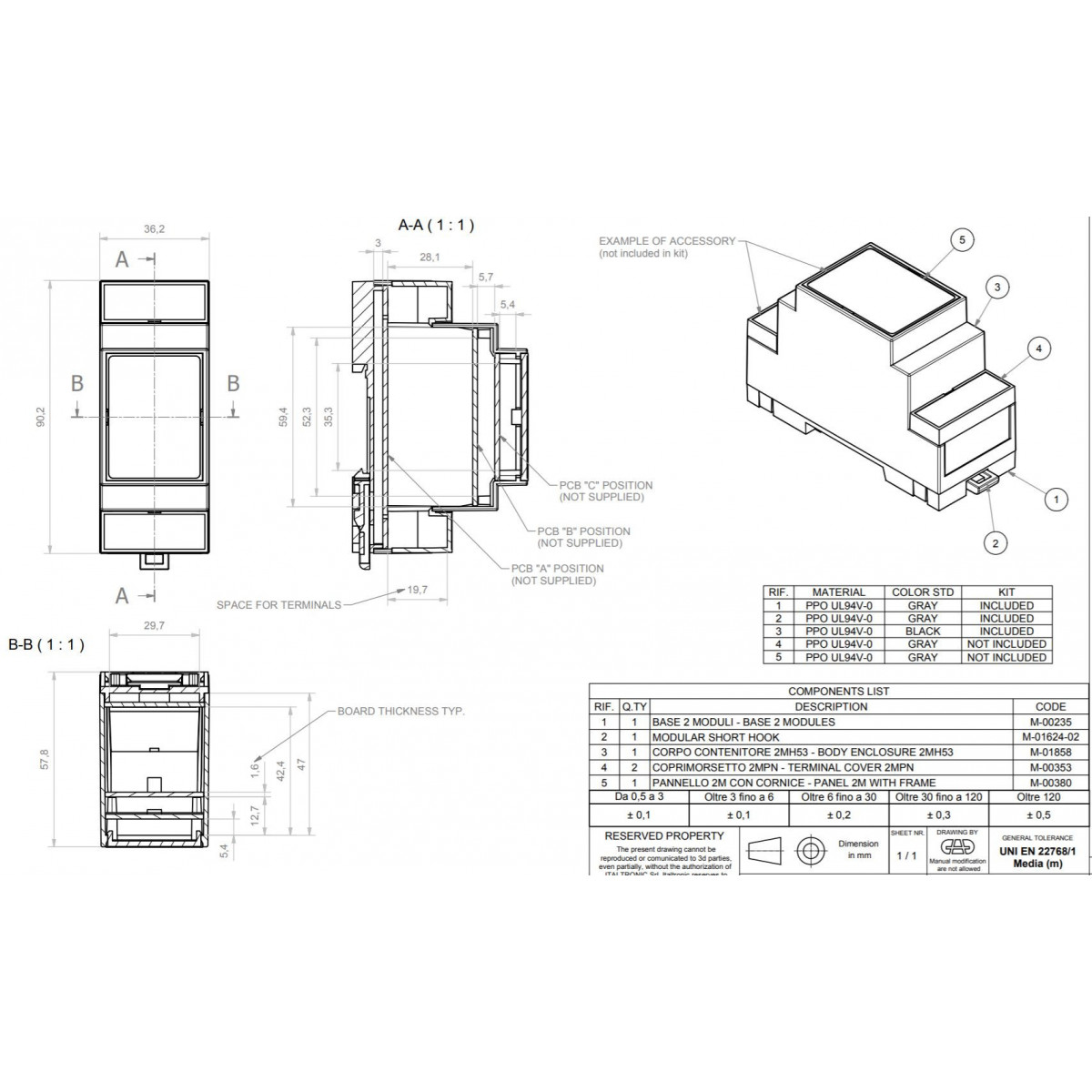 Case housing 2 modules DIN rail plastic PPO dimensions 90 x 36 x 53mm gray