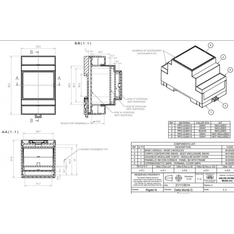 Case housing 3 modules DIN rail plastic PPO dimensions 90 x 53 x 53mm gray