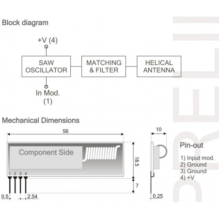 MODULE ÉMETTEUR haute puissance SAW 433 MHZ avec antenne hélicoïdale intégrée