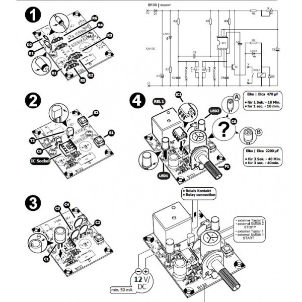 KIT timer di precisione start stop 1 sec 40 min regolabile 12V DC uscita a rel