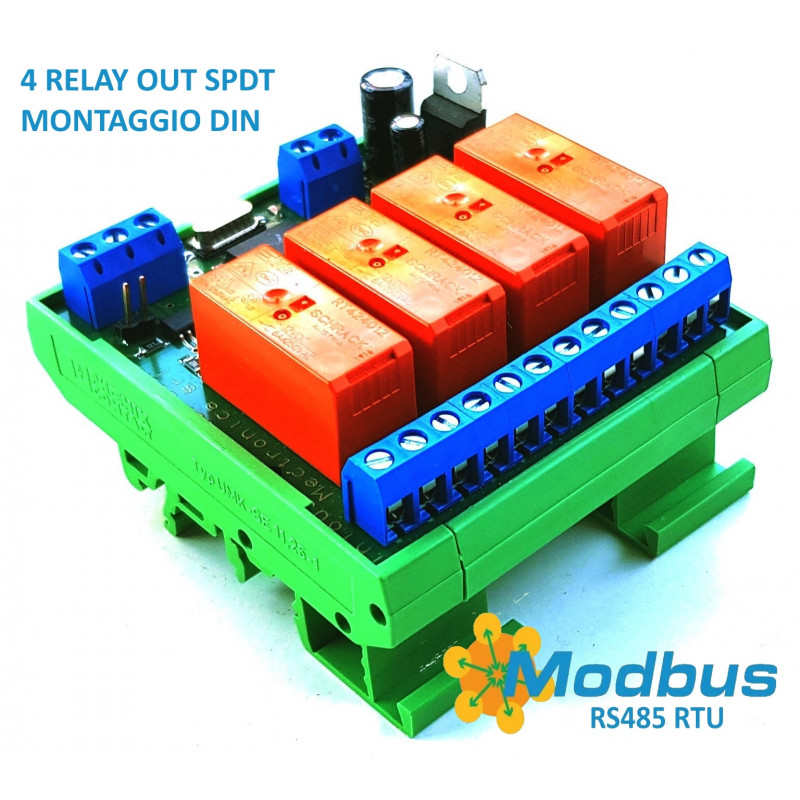 MODBUS RTU Mini OUT 4 output relè SPDT 16A su BUS RS485 modulo DIN MODBUS RTU Mini OUT 4 output relè SPDT 16A su BUS RS485 modulo DIN