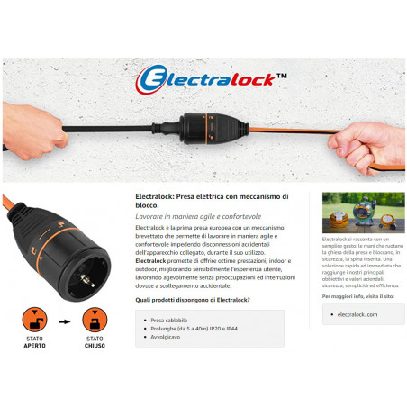 Cable de extensión eléctrico 3G1.5 con mecanismo de bloqueo Electralock anti desprendimiento de 10 M