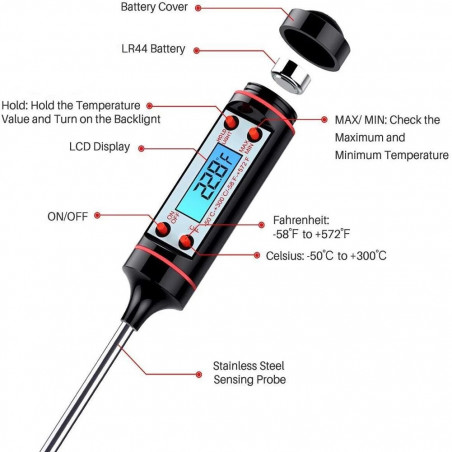 Thermomètre alimentaire numérique BBQ -50 °C à 300 °C fonc. min max hold auto off