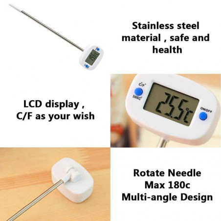 Termómetro digital para alimentos con pantalla LCD y sonda de acero inoxidable de 15 cm.