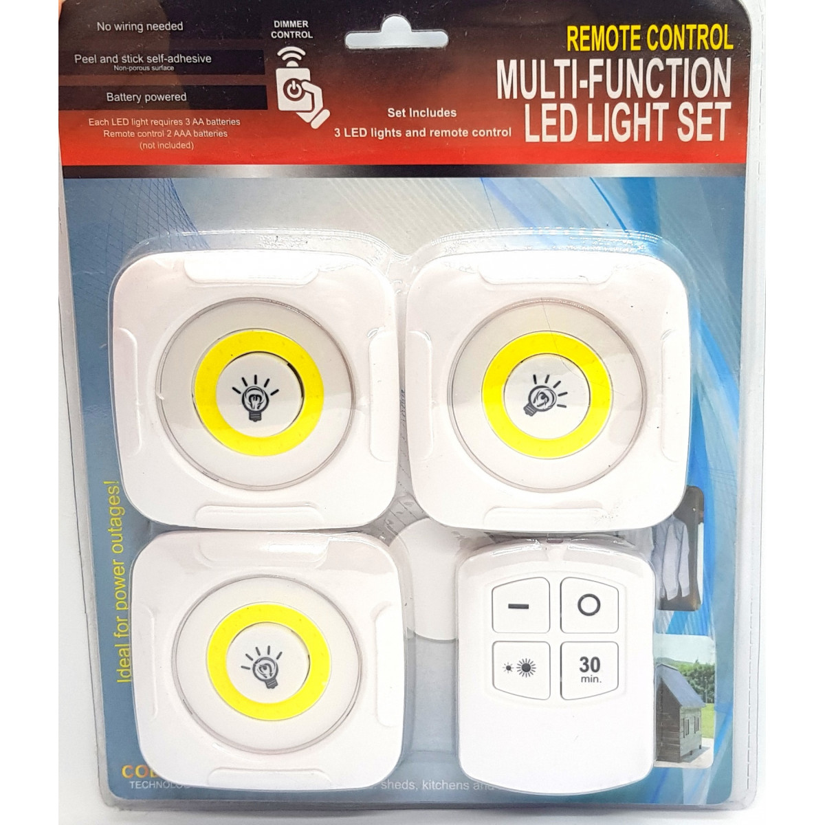 Set 3 luci LED adesive 2 luminosità a batteria con telecomando IR timer 30  min