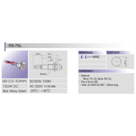 Feu LED plat vert 12VDC Ø5,2mm IP40 avec conducteurs 100mm