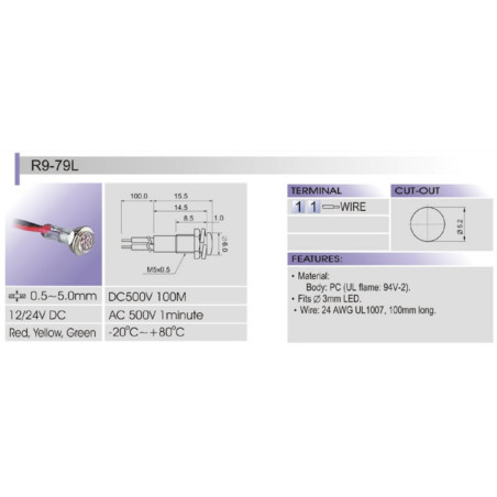 Rote flache LED-Leuchte 12VDC Ø5,2mm IP40 Leiter 100mm