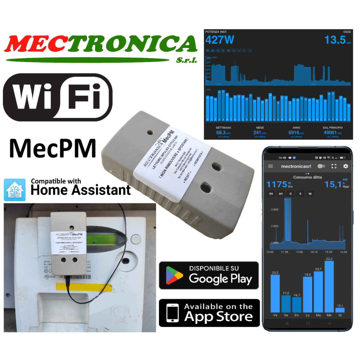 MecPM Misuratore consumi bolletta WiFi Smart Meter per contatore