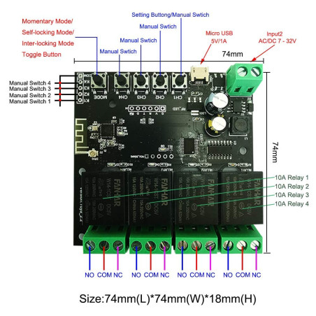 Módulo interruptor wifi de 4 relés con app Tuya compatible con Alexa y Google