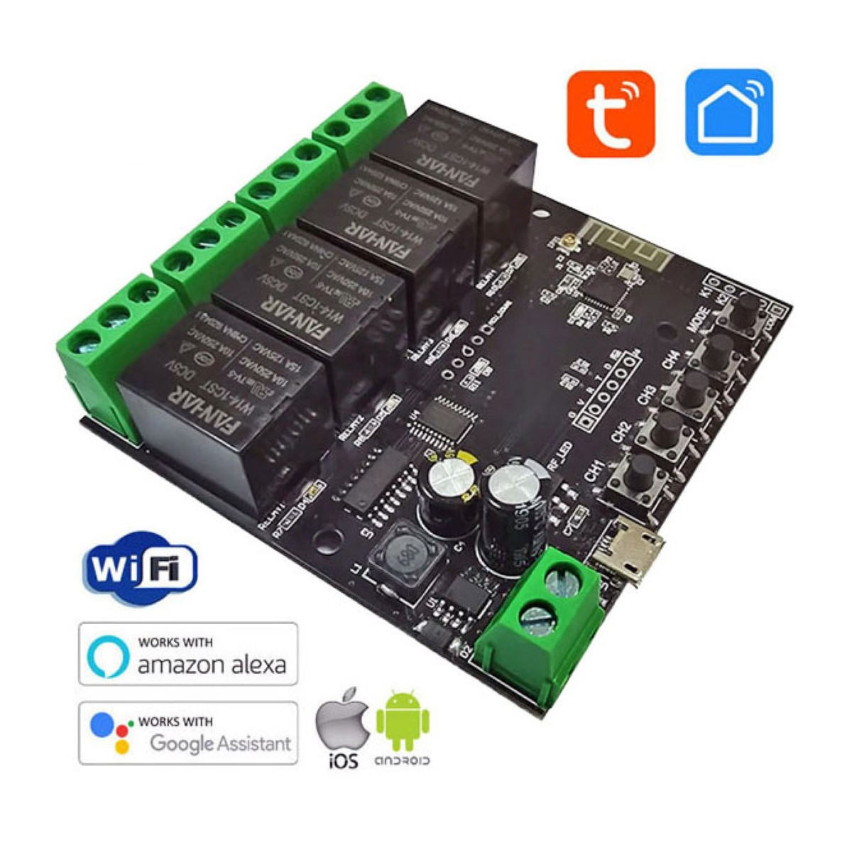 Tuya Smart WiFi 4 Channel Relay Module compatible with Alexa and Google