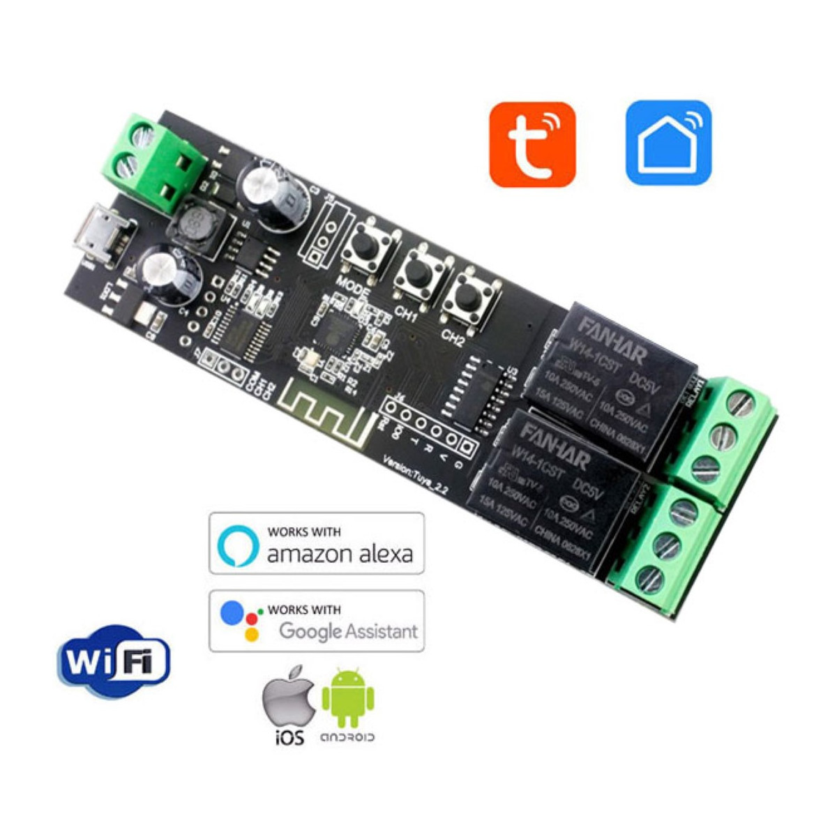 Interruttore Smart MOES WiFi Modulo Rel&egrave; 2 Vie &ndash; Compatibile Alexa E Google Home, Comando Vocale E App