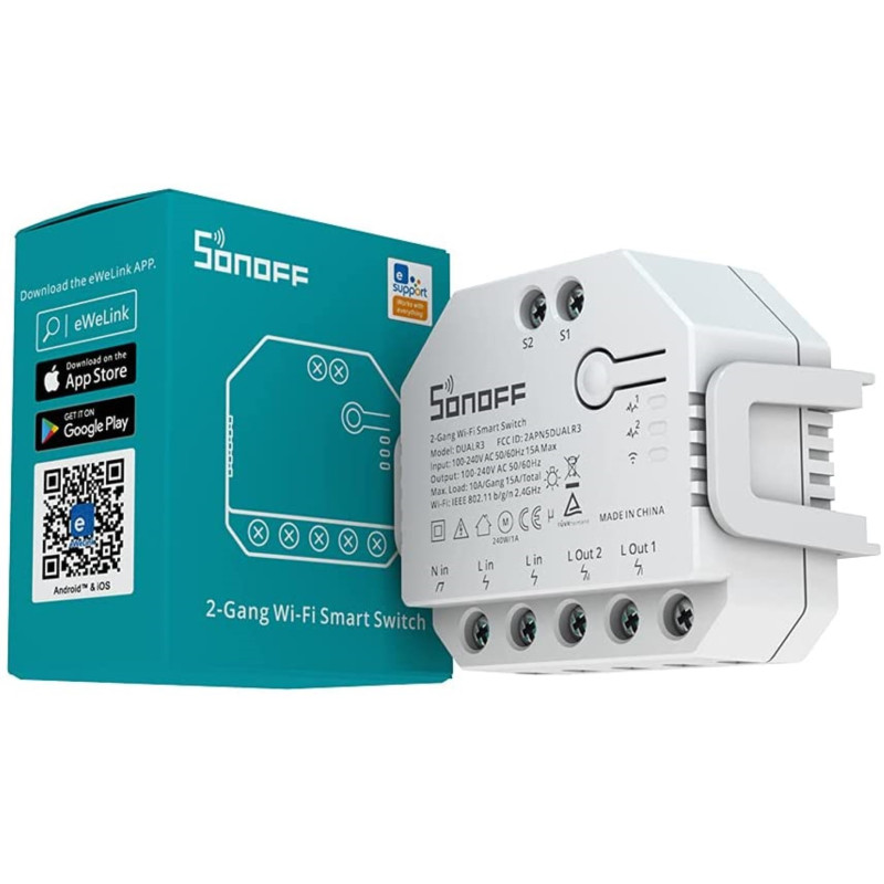 Interrupteur intelligent sans fil 2 contacts 100-240V 10-15A Sonoff DIY-DUALR3