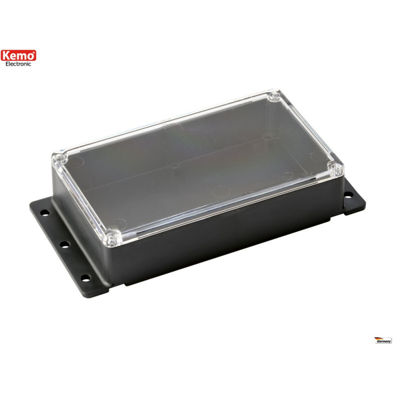 Black plastic container with transparent cover 121x71x31 mm that can be fixed to the wall