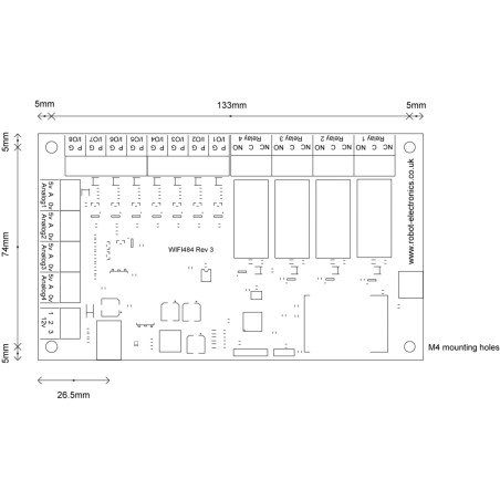 WIFI484 WiFi Module 4 Relays 16A Clean Contacts + 8 Digital I/Os + 4 Analog Inputs 12V