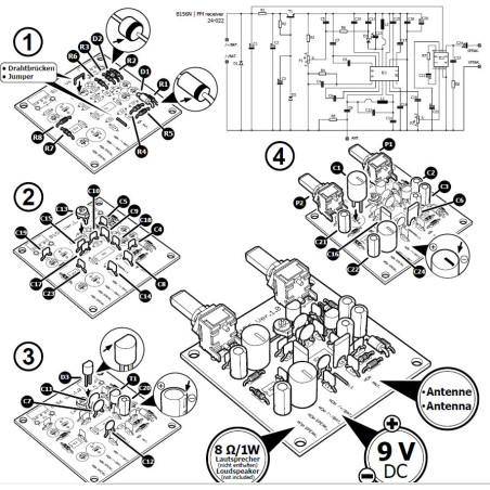 FM-Radio-Tuner-Empfänger-Kit 87–108 MHz, 9 V DC, Audioausgang 0,7 W