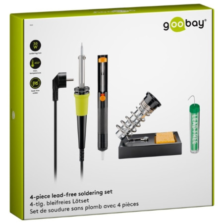 Electronic soldering set, tin, soldering iron, support with sponge, pump